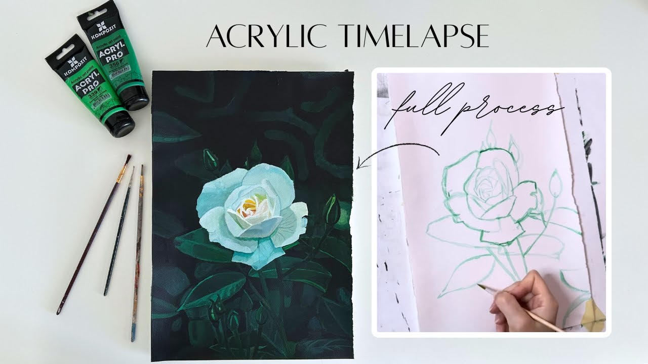 acrylic floral painting time-lapse🌱 | white rose &  background rain sounds🎧