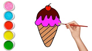 How to draw a Cute Ice cream 🍨 Drawing, Painting and Coloring for kids & Toddlers
