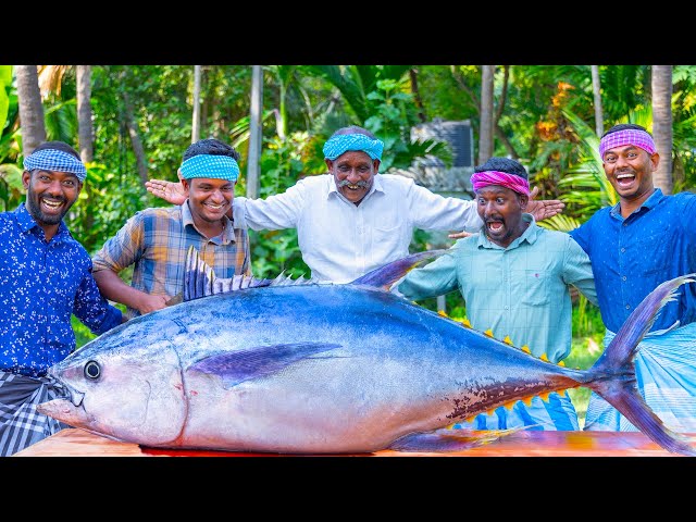 200 Pounds BIG TUNA FISH, Tuna Fish Cutting and Cooking in Village