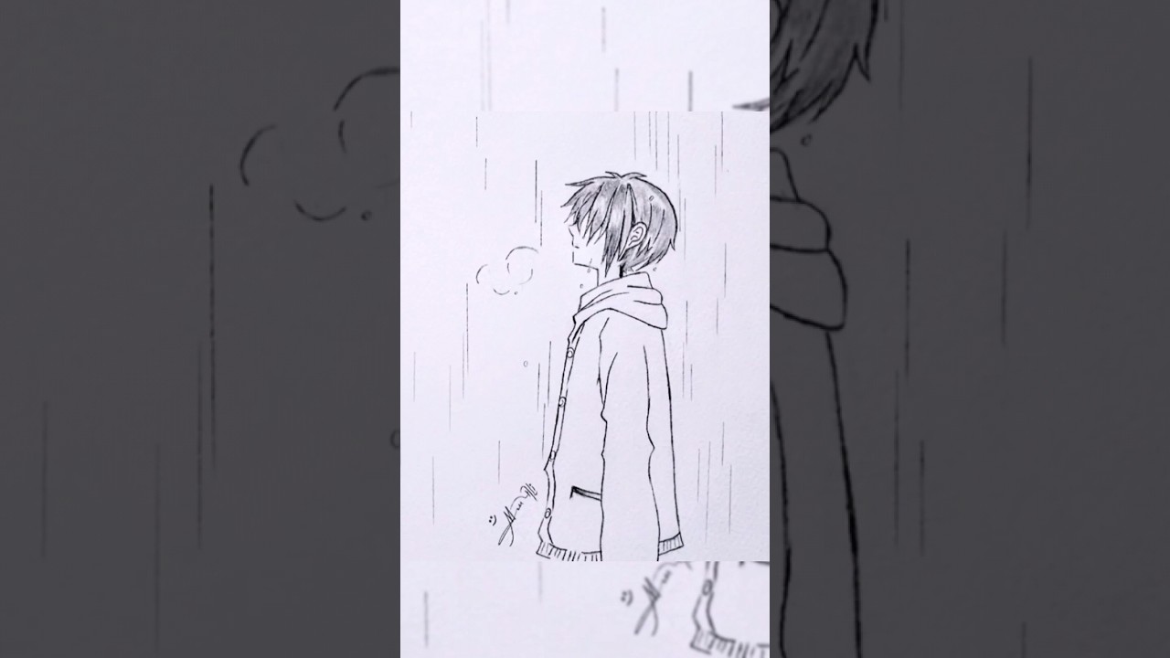 Pencil Drawing Of Sad Anime Boy In The Rain