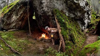 Building a SHELTER under a giant ROCK during HEAVY RAIN! | Cooking on HOT Stone