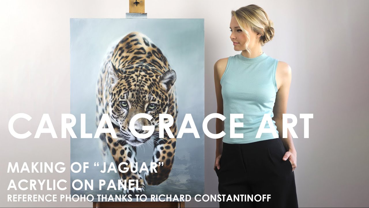 Carla Grace painting realistic jaguar in acrylic on panel