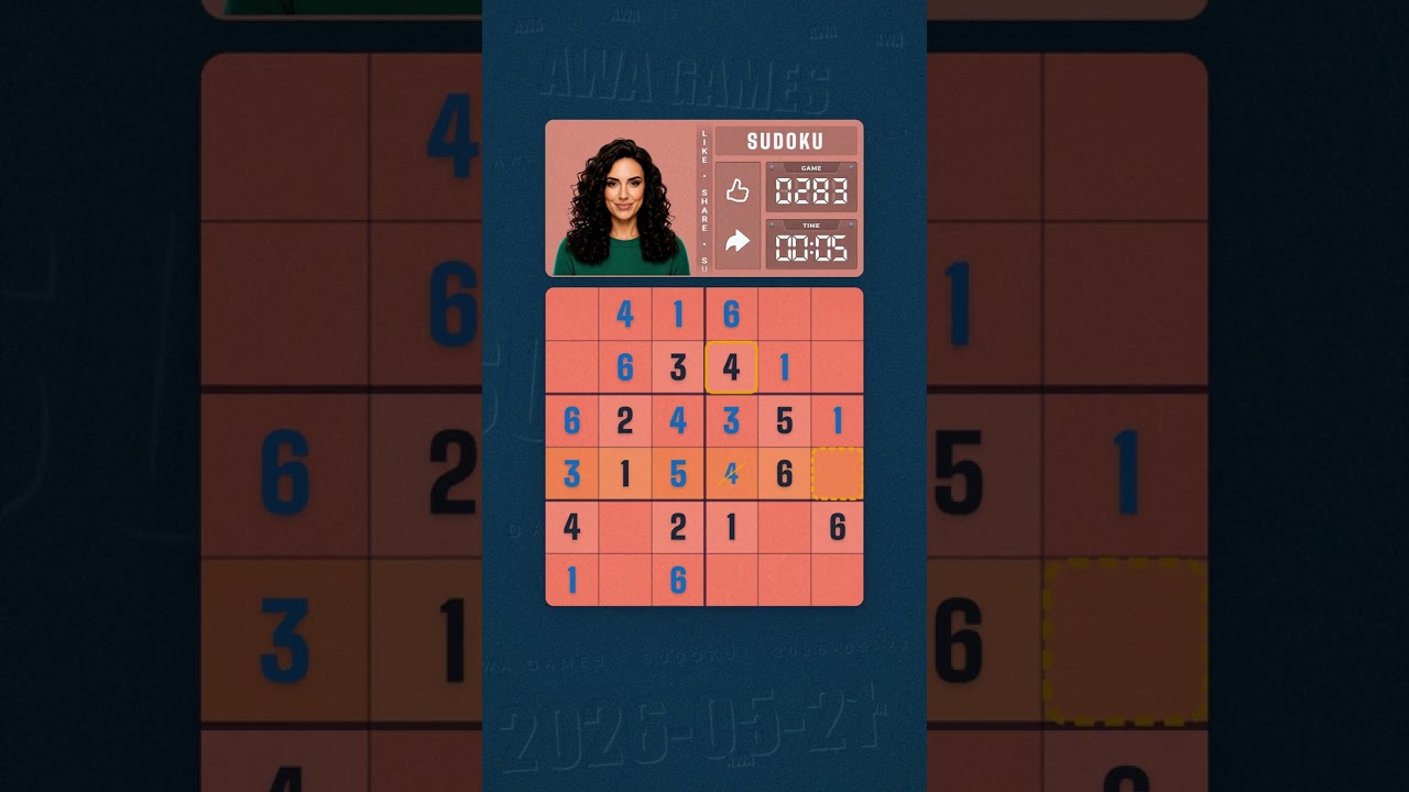 LinkedIn Mini Sudoku #283 solved board for May 21, 2026, 6x6 grid