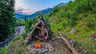 SOLO Bushcraft: CATCH & COOK wild Mountain TROUT at my survival SHELTA!