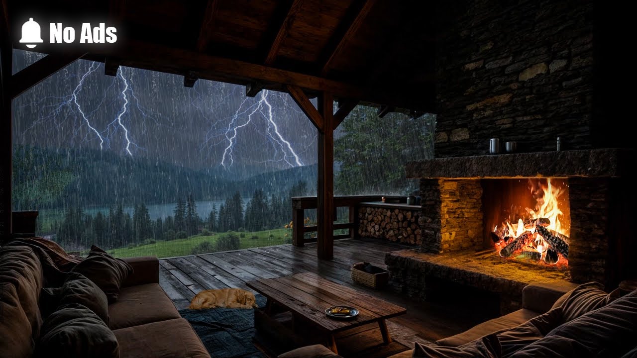 No Ads 🌩️ Rainy Cabin by the Lake | Thunderstorm & Fireplace Sounds for Relaxation and Deep Sleep