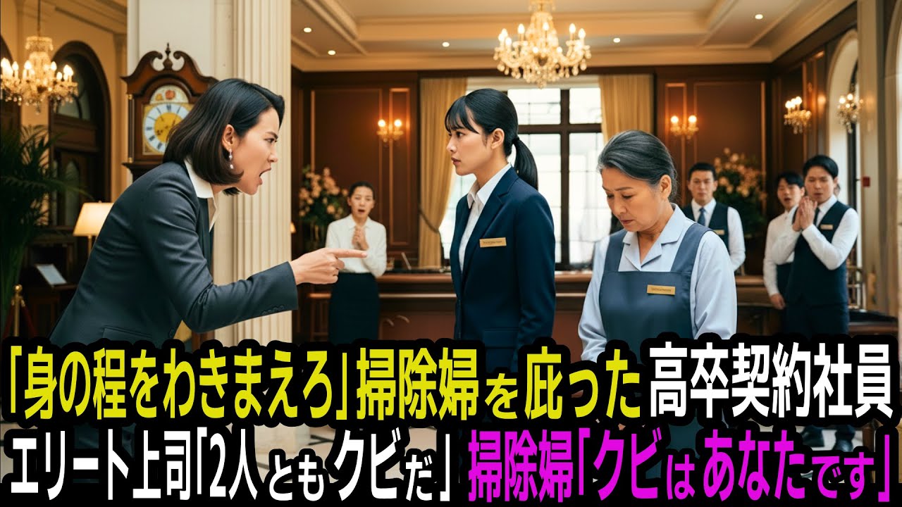 「高卒の分際で口出しするな」高級ホテルで清掃員のおばあさんをかばった契約社員。次の瞬間、その清掃員の正体が判明し、全員が凍りつく…