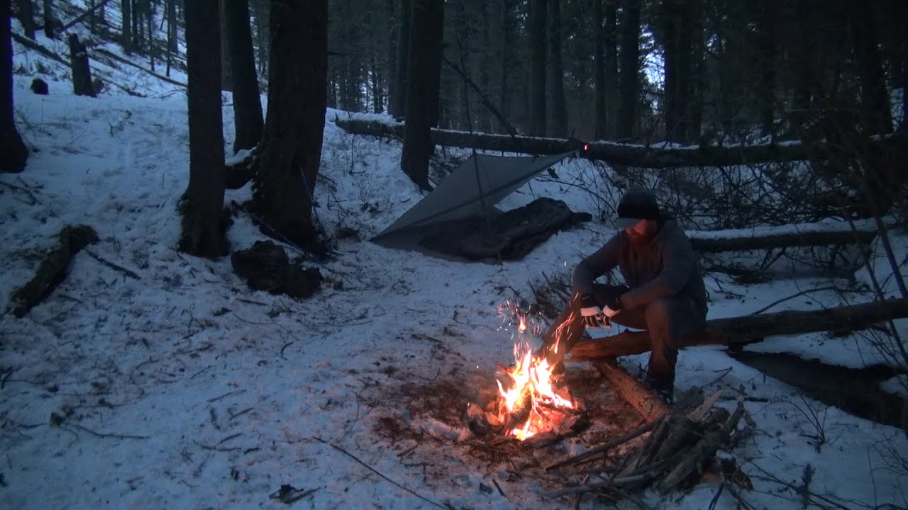 Winter Snow Camping Without a Tent. Solo Overnight Tarp Shelter YouTube