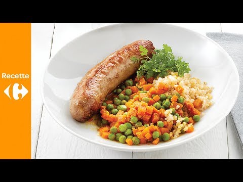 saucisse,-boulgour-aux-petits-pois,-carottes-et-curry