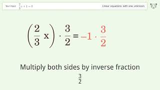 Linear equation with one unknown: Solve 2/3x+1=0 step-by-step solution