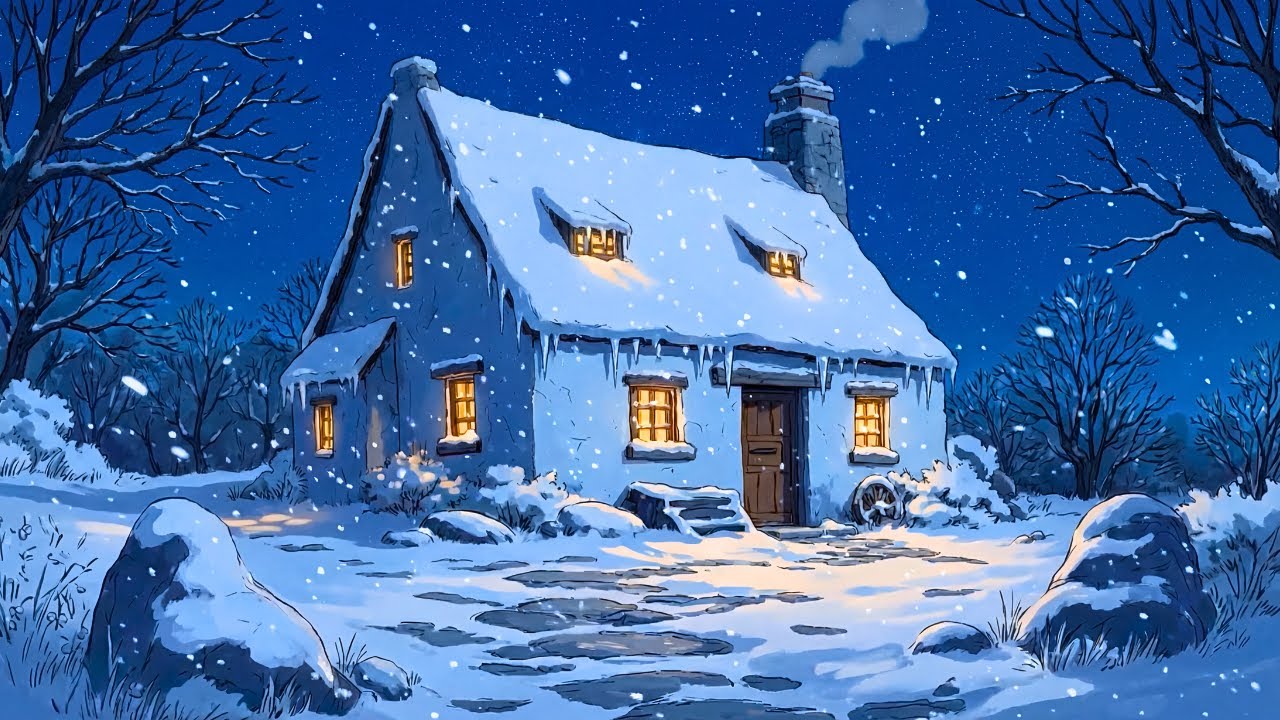 nostalgic 1940s oldies are playing in a cosy cottage and you are warm inside by the fireplace