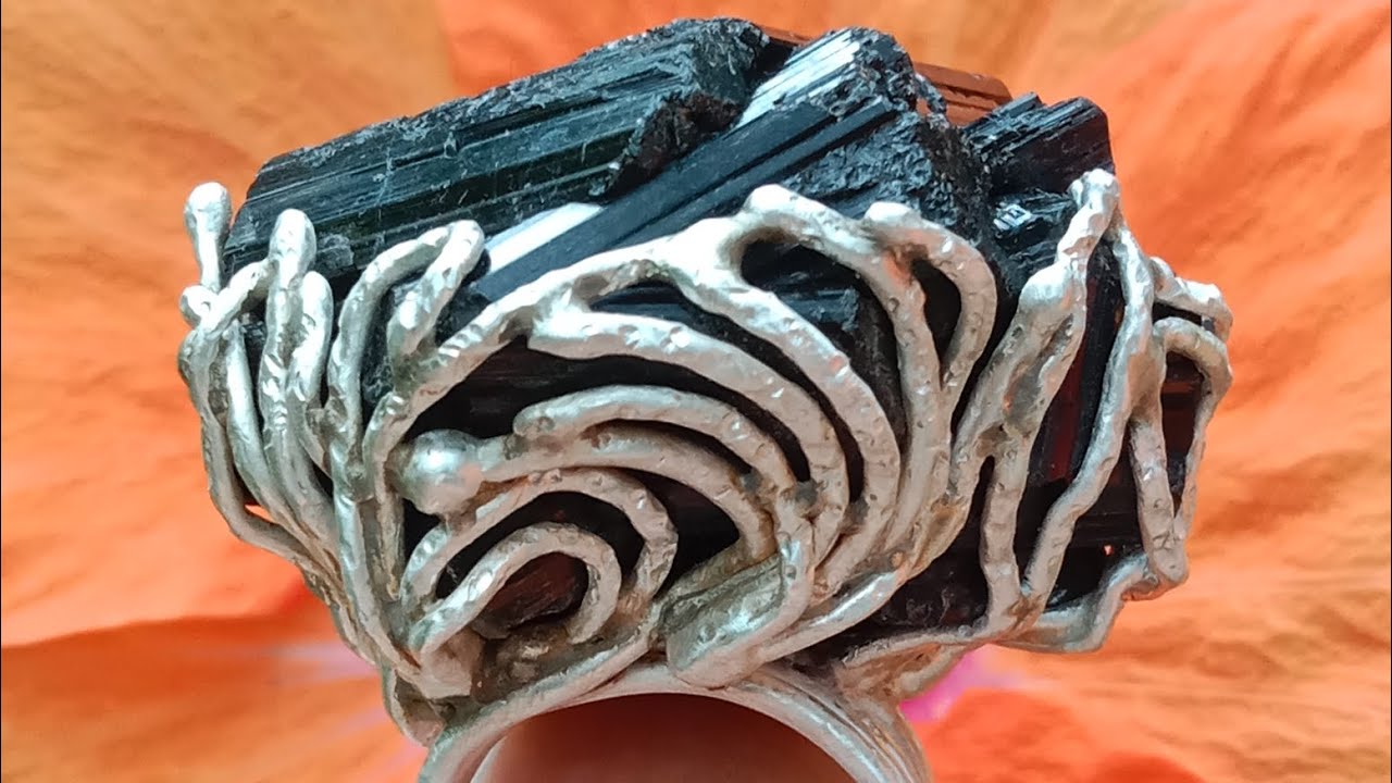 送料無料】台湾 ブラックトルマリン原石の手作りシルバーリング 純銀