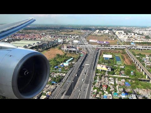 Landing in Bangkok Airport. Boeing 777-200. Thai Airways Flight TG322. Rolls Royce Trent Engine