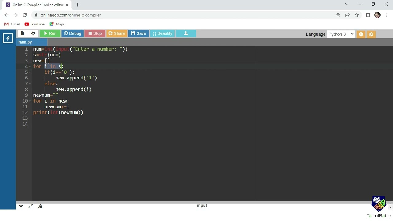 Program to Replace all 0's with 1 in a given integer | Talent Battle Program To Replace All 0'S With 1 In A Given Integer | Talent Battle