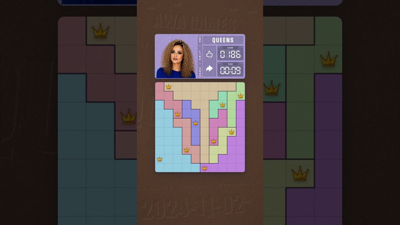 LinkedIn Queens #186 solved board for November 2, 2024, 10x10 grid