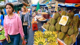 Cambodian street food  Walking at Orussey market delicious fruits, fish, pork, seafood & more