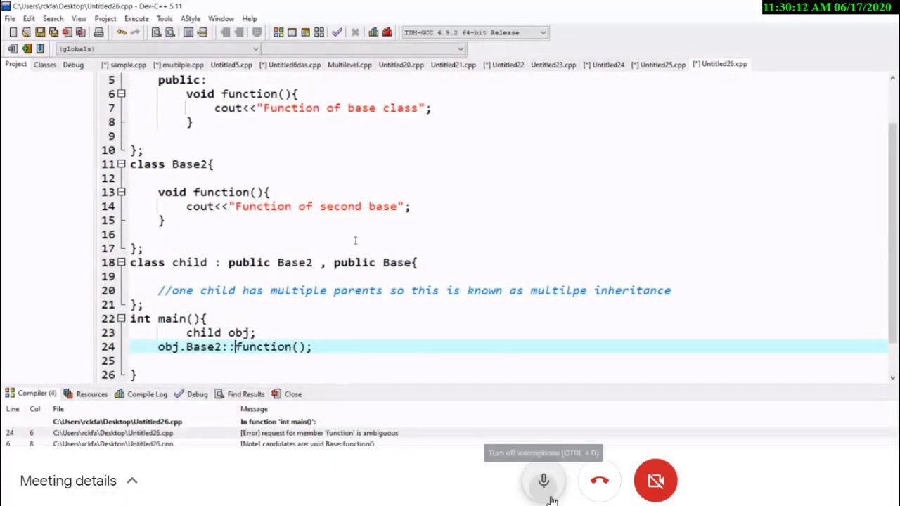 Multi Level inhertance and Multiple inhertance C++ coding - YouTube