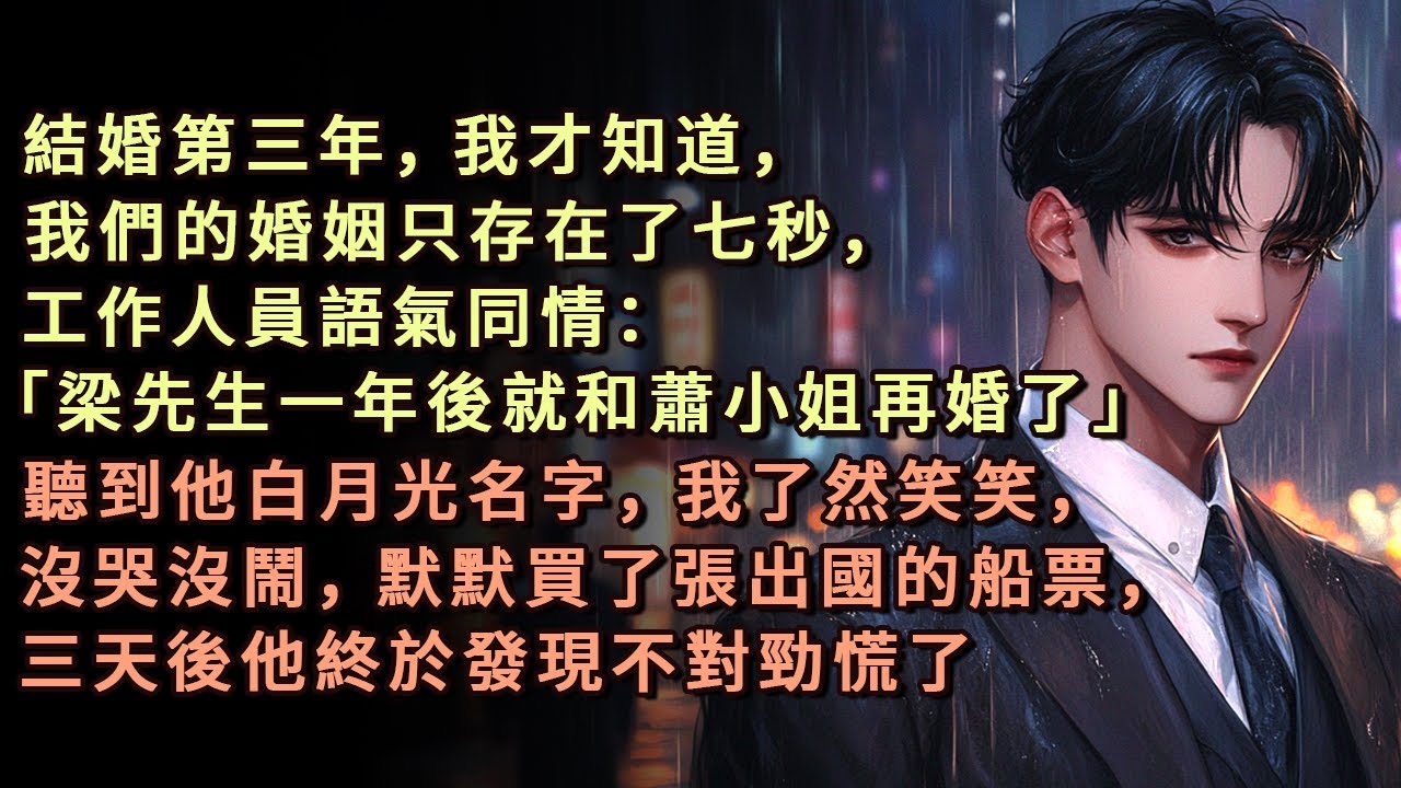 結婚第三年，我才知道，我們的婚姻只存在了七秒，工作人員語氣同情：「梁先生一年後就和蕭小姐再婚了」聽到他白月光名字，我了然笑笑，沒哭沒鬧，默默買了張出國的船票，三天後他終於發現不對勁慌了