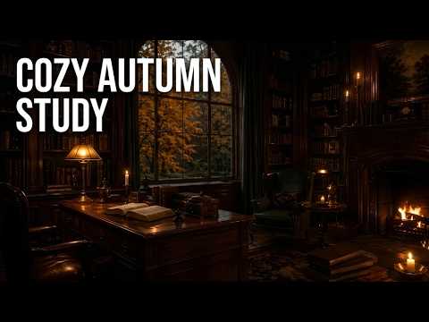 Autumn Fireplace Study Room | Dark Academia Aesthetic for Work and Study
