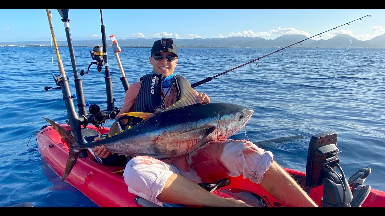 Kayak Fishing Hawaii 54LB Yellowfin Tuna Catch Clean Cook YouTube