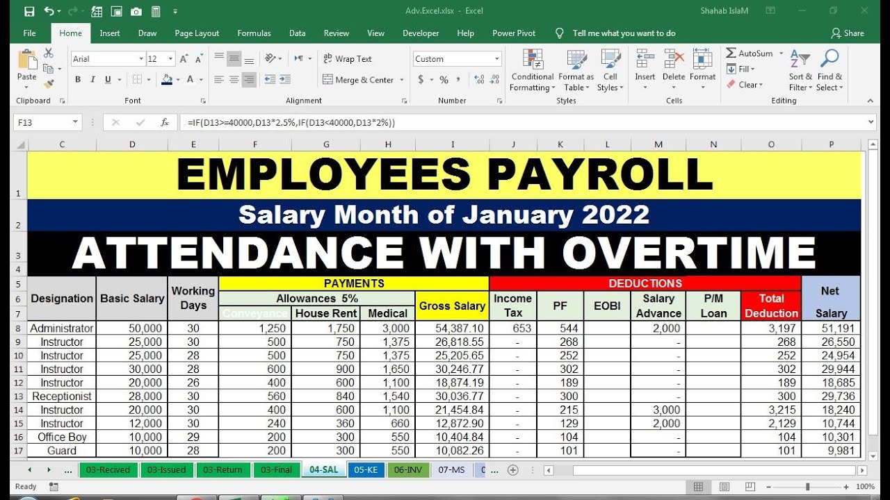 Attendance Sheet With Salary In Excel Format Youtube
