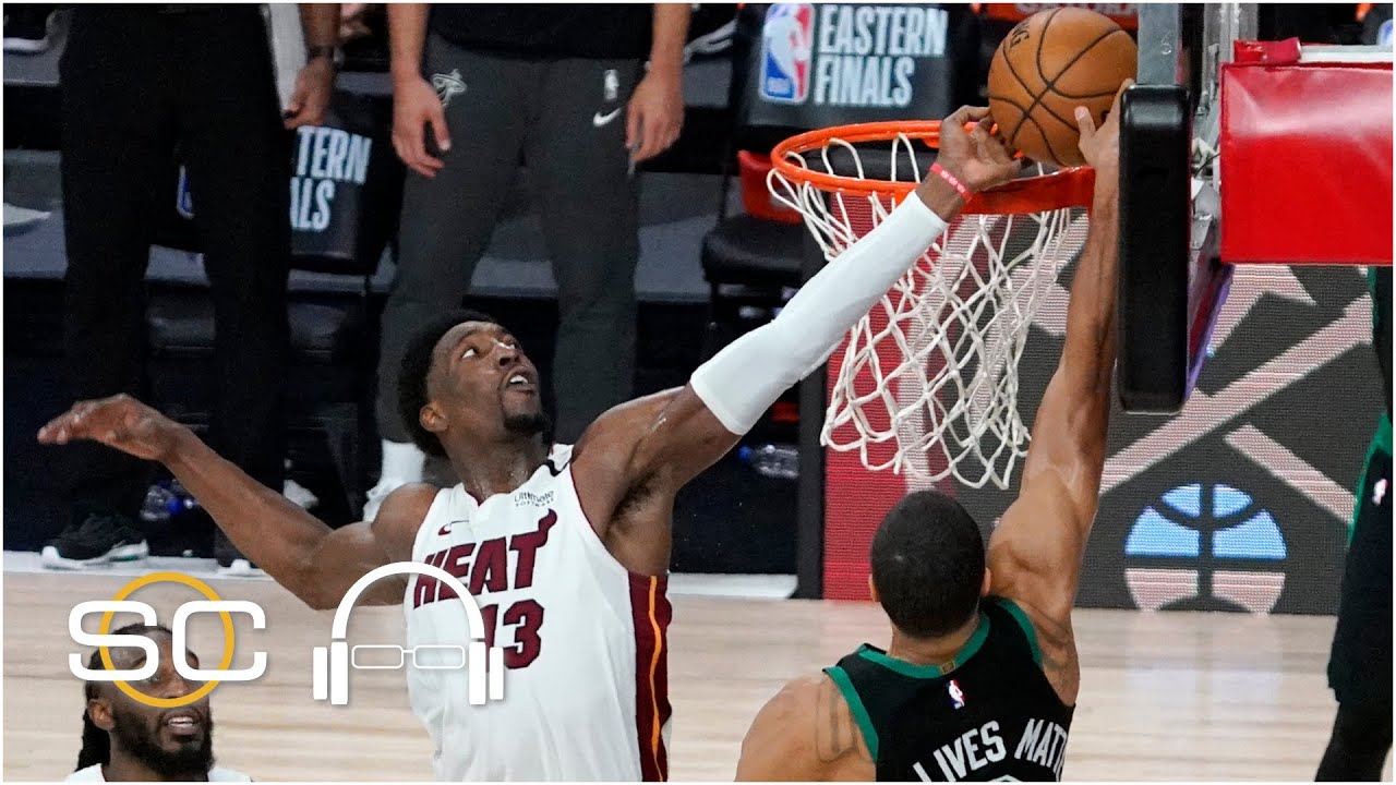 Miami Heat's Bam Adebayo Blocks a Dunk, and the Boston Celtics