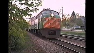 E units in Hinsdale. 5/2/90. Metra morning rush hour.