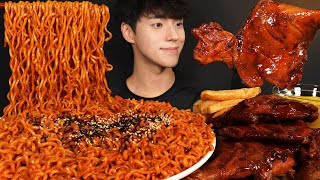 ASMR MUKBANG SPICY BULDAK NOODLES & BBQ CHICKEN & FRENCH FRIES