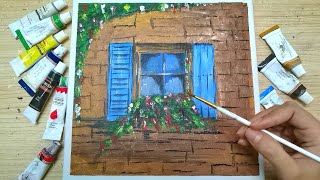 Window Painting | Acrylic Painting of Window and Flowers in Window | Acrylic Painting Tutorial
