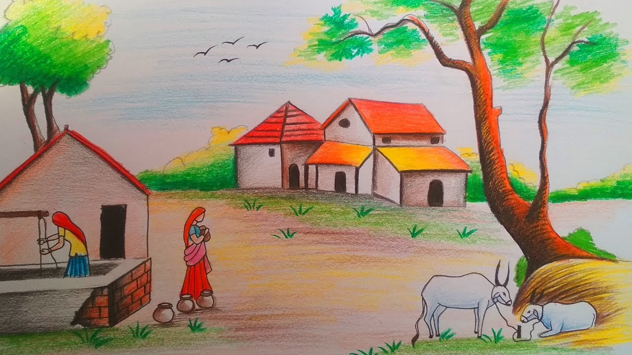 Village scenery drawing with Color pencil//Landscape scenery painting