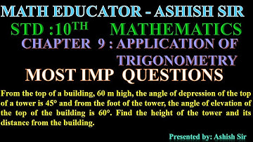 From the top of a building, 60 m high, the angle of depression of the top of a tower is 45° and from