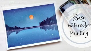 Watercolor painting of night sky with moon. Watercolor reflections in water.