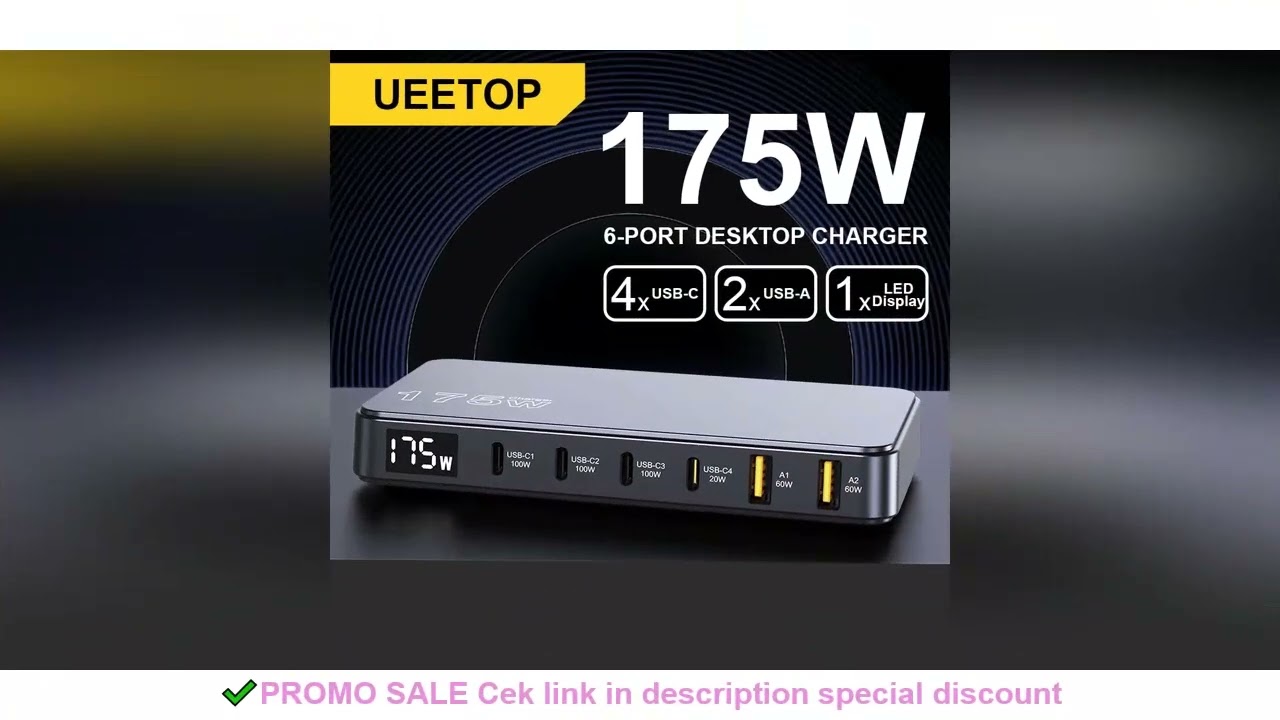 Ueetop 175W GaN USB C Charger LED Display 6-Port Desktop Charger Type C PD 100W PPS 45W Fast Chargin