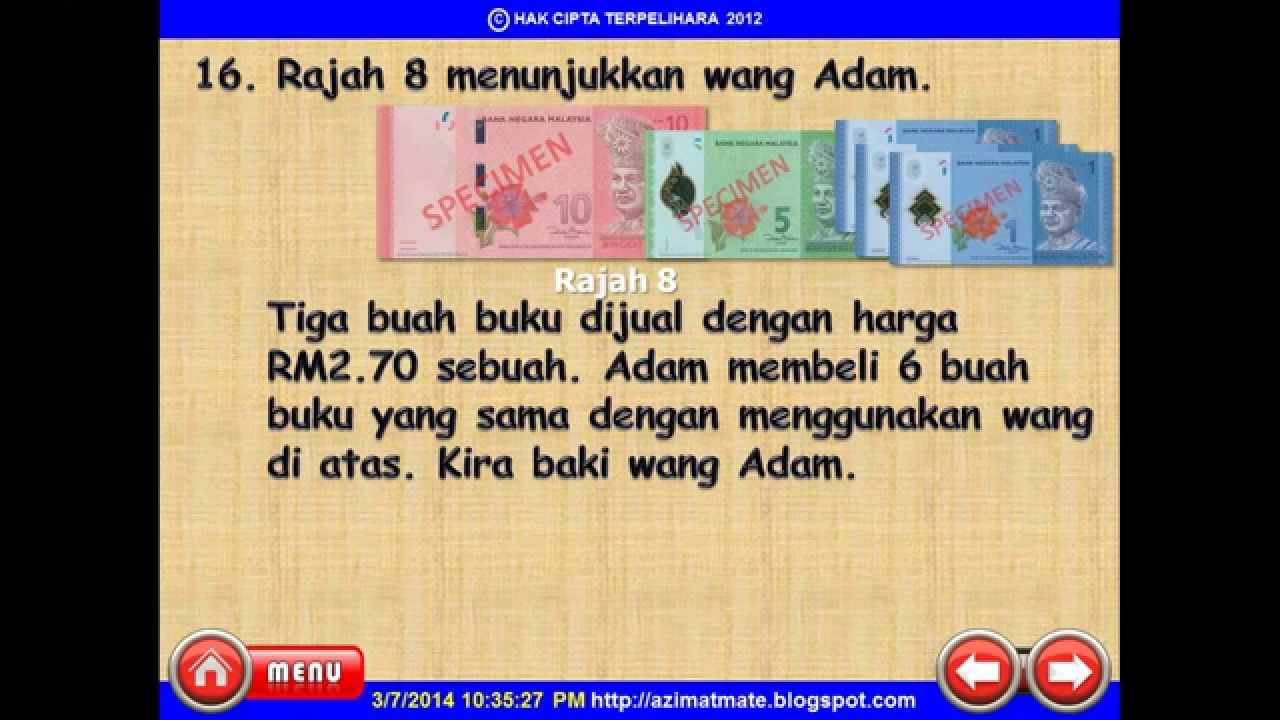 MATEMATIK UPSR : PENYELESAIAN MASALAH WANG - YouTube