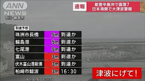 速報 能登半島沖で震度7 日本海側に大津波警報 ただちに高台に避難 2024年1月1日 