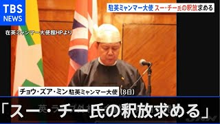 駐英ミャンマー大使「スー・チー氏の釈放求める」 国軍の武力行使批判