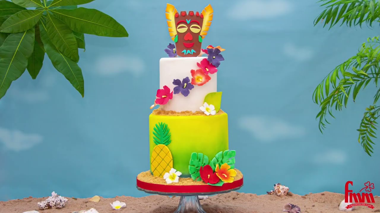 FMM Tiki Themed Hawaiian Flower and Tropical Leaves Cake