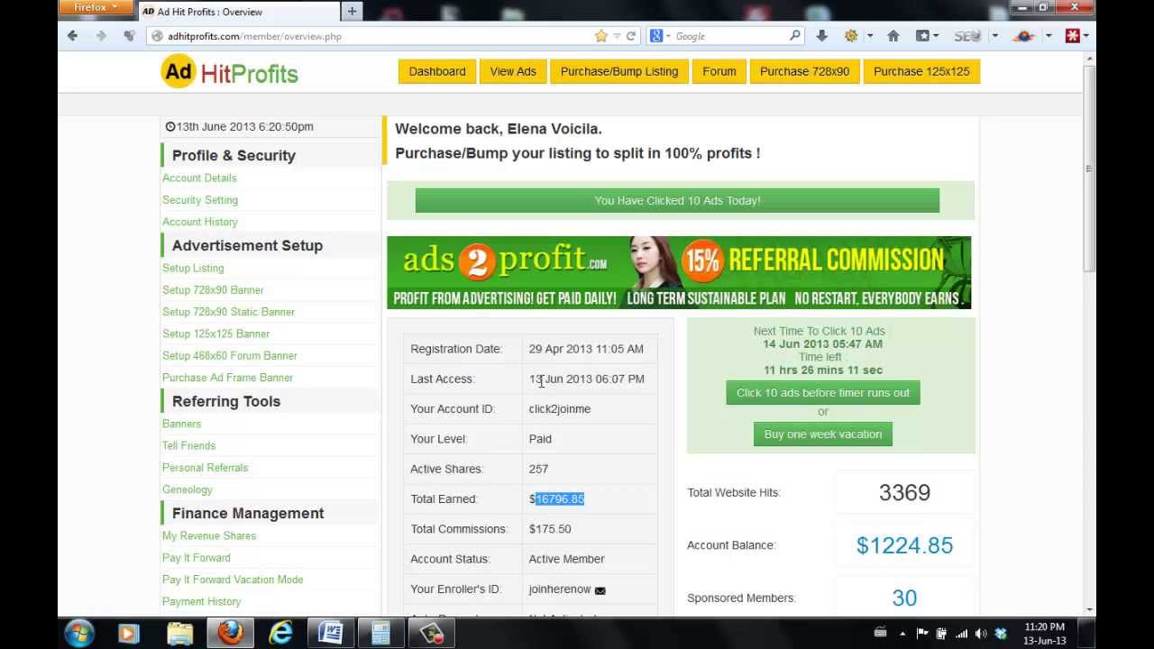 AdHitProfits Earnings Proof - From 0 To $1,215 Dollars in 37 Days