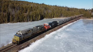 Awesome 4K View! Long & Heavy Potash Train CN 730 w/Rear DPUs Crossing Small Lake at Brookville, NB