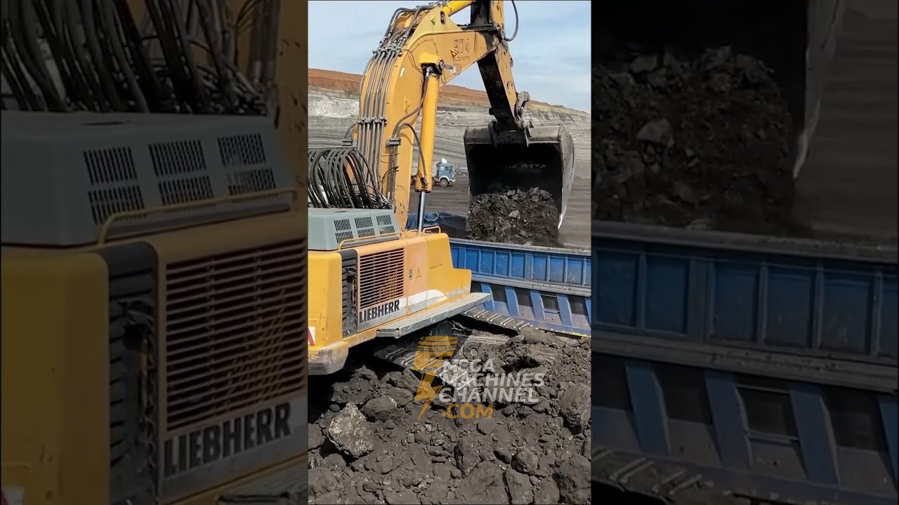 Liebherr Excavator Loading Overburden On Trucks 