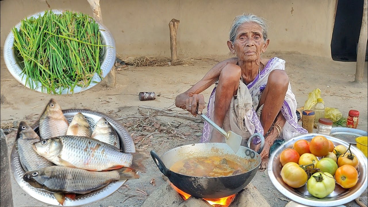 100 year old widow Grandma cooking AMERICAN FISH with Tomato & onion shak & eating||Village cooking