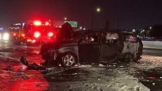 Woman escapes flaming minivan after two-vehicle crash along Hwy 99 near Elk Grove