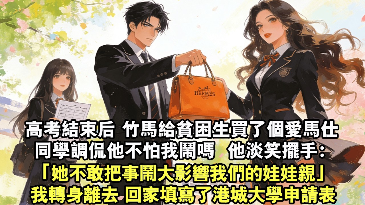 【完結爽文】高考結束後，竹馬買了個愛馬仕給貧困生。同學調侃不怕我鬧嗎，他淡笑擺手：「她不敢把事鬧大影響我們的娃娃親」我默默地鬆開門把手，轉身離去。回家填寫了港城大學申請表。#情感 #小說 #校園