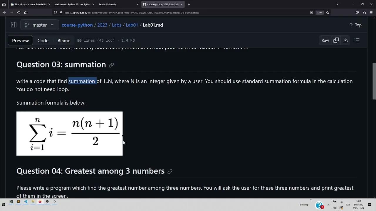 Programming in python Lab01 2023 10 07 question03 summation - YouTube