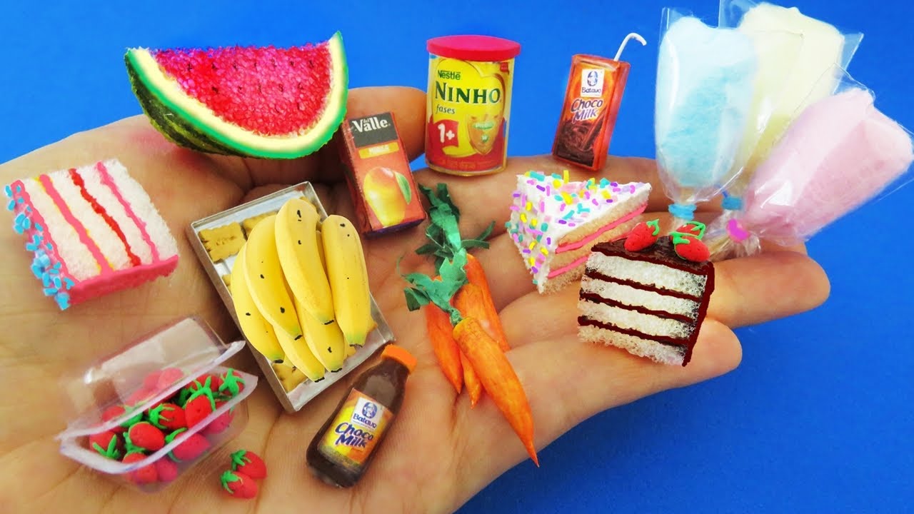 11 DIY MINIATURAS INCRÍVEIS DE COMIDAS PARA BARBIE MORANGO, BOLO, CHOCOMILK, LEITE NINHO, FRUTAS!!