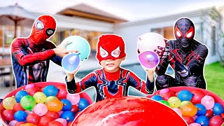 TEAM SPIDER-MAN in REAL LIFE|| KID SPIDER MAN Popping Giant Water Balloons (LIVE ACTION STORY)