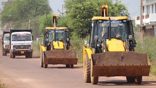 2 JCB 3dx Backhoe with 2 Tata Truck Going To Another Village For Working Together