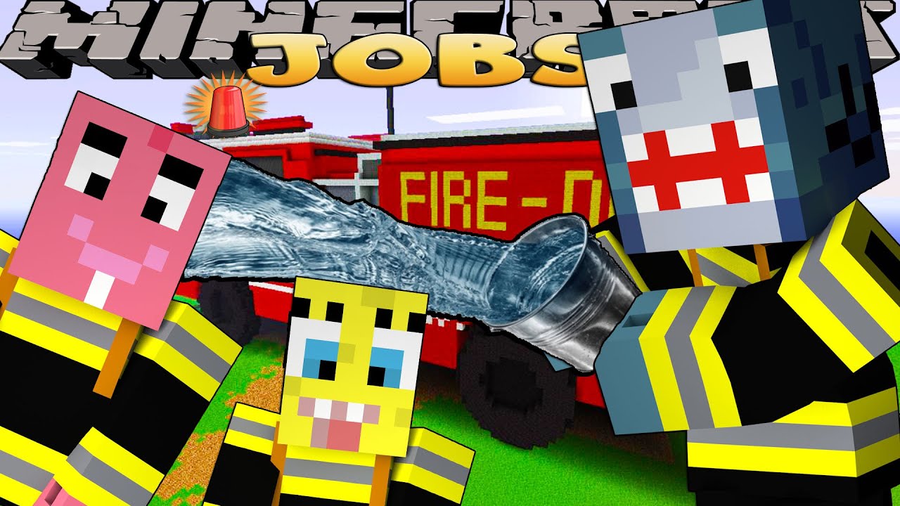 Minecraft Jobs - Sharky and Scuba Steve - SPONGEBOB & PATRICK BECOME FIREMEN!!!