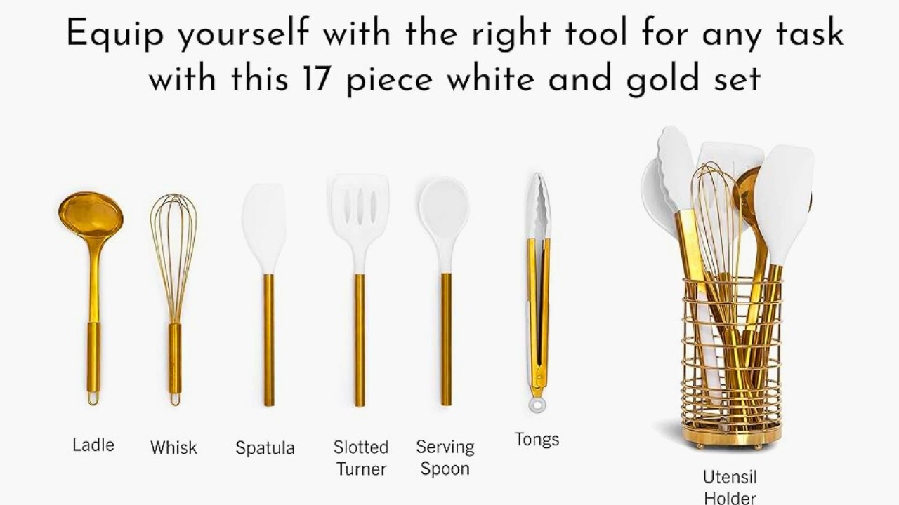 Set di 7 utensili da cucina beige e oro, in silicone atossico e acciaio inossidabile, per cucinare, servire e ospitare – ideale per pentole antiaderenti e cucine moderne, con portautensili dorato