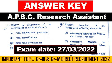 APSC Research Assistant 2022 Answer Key | Exam on 27 March 2022 | Solved Paper APSC RA MCQs | Part 1