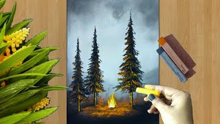 Soft Pastel Drawing - How to Draw Realistic Bonfire in the Forest (step by step) -Landscape Painting screenshot 1